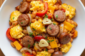 Hearty English Breakfast Casserole with Beans & Sausage Delight