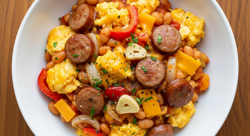 Hearty English Breakfast Casserole with Beans & Sausage Delight