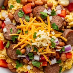 Hearty English Breakfast Casserole with Beans & Sausage Delight